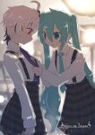  2girls adjusting_clothes adjusting_necktie aqua_eyes aqua_hair backlighting black_skirt blurry blurry_background bokeh butterfly_earrings commentary cowboy_shot depth_of_field dress_shirt earrings flower_(vocaloid) flower_(vocaloid4) hatsune_miku highres holding_necktie jewelry kisalaundry leaning_forward light_blush long_hair looking_down magnet_(vocaloid) multicolored_hair multiple_girls necktie plaid plaid_skirt pruple_necktie purple_eyes purple_hair shirt short_hair skirt spotlight standing streaked_hair suspender_skirt suspenders twintails uniform very_long_hair vocaloid white_hair white_shirt wing_earrings 