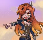  1girl bangs black_jacket black_pants breasts brown_vest cleavage cropped_jacket hair_over_one_eye high_noon_katarina jacket league_of_legends long_hair long_sleeves medium_breasts official_alternate_costume open_mouth orange_eyes orange_hair outdoors pants phantom_ix_row pointing scar scar_across_eye shiny shiny_hair sky slit_pupils solo sweatdrop teeth upper_teeth vest 