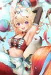  1girl absurdres ahoge animal_ears armpits bangs blonde_hair bow bowtie breasts cleavage elbow_gloves fox_ears gloves hair_ornament highres hololive long_hair looking_at_viewer medium_breasts mermaid monster_girl multicolored_hair ocean omaru_polka open_mouth pink_hair purple_eyes red_bow red_bowtie single_elbow_glove smile solo streaked_hair towrituka virtual_youtuber volleyball 