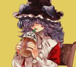 1girl animal_ears blouse chair cup curly_hair drink drinking drinking_straw eyebrows_behind_hair hat holding holding_cup long_hair lowres nail_polish oguanf original purple_eyes ribbon shirt simple_background solo upper_body yellow_background 