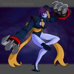  1girl blue_skin bodysuit capcom claws colored_skin corruption empty_eyes hat highres lei_lei leotard looking_at_viewer mind_control purple_eyes purple_hair ribbon shadaloo_dolls shoes simple_background street_fighter vampire_(game) zombie 