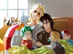  1girl 5boys age_regression aoyama_yuuga baby bangs black_hair blanket blonde_hair boku_no_hero_academia brown_shirt collared_shirt couch english_text eraser_head_(boku_no_hero_academia) facial_hair freckles green_eyes green_hair grey_shirt highres hood hood_down long_sleeves looking_at_another midoriya_izuku multiple_boys pacifier pants parted_lips ponytail shiny shiny_hair shirt short_hair sitting sleeping stubble stuffed_animal stuffed_bunny stuffed_toy teeth todoroki_shouto trevo_(trevoshere) upper_body yagi_toshinori yaoyorozu_momo younger 