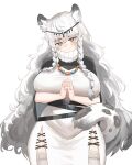  1girl absurdres animal_ears arknights bangs belt black_capelet black_eyes blush braid breasts bright_pupils capelet circlet closed_mouth covered_nipples curvy dress grey_hair grey_legwear head_tilt highres large_breasts leopard_ears leopard_girl leopard_tail long_hair looking_at_viewer own_hands_clasped own_hands_together pelvic_curtain pikanpeko pramanix_(arknights) smile solo tail thighhighs turtleneck_dress twin_braids very_long_hair white_dress 