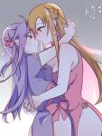  2girls absurdres ahoge arms_around_neck arms_around_waist asuna_(sao) blush brown_hair dutch_angle eye_contact forehead-to-forehead from_side hair_ornament heads_together highres hug long_hair looking_at_another multiple_girls neosight purple_hair red_eyes smile sword_art_online thighs twitter_username yuri yuuki_(sao) 