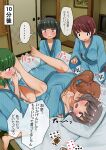  4girls absurdres bangs bath_yukata black_hair blush bowl_cut breasts brown_hair card cleavage dry_humping green_hair highres humping indoors japanese_clothes kimono long_hair long_sleeves mejikara_scene multiple_girls open_mouth original playing_card short_hair sitting socks translation_request yukata yuri 