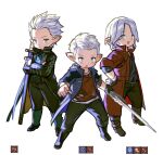  3boys alternate_universe blue_eyes blue_jacket boots brothers dante_(devil_may_cry) devil_may_cry_(series) devil_may_cry_5 father_and_son final_fantasy final_fantasy_xiv fingerless_gloves gloves hand_on_hip jacket lalafell multiple_boys nero_(devil_may_cry) pointy_ears red_jacket red_queen_(sword) siblings simple_background smile spiked_hair sword vergil_(devil_may_cry) weapon white_hair wuliu_heihuo yamato_(sword) 
