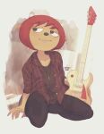  5_fingers anthro bottomwear bovid bzeh caprine clothed clothing electric_guitar female fingers flannel_shirt guitar hair hi_res horn kneeling lammy_lamb looking_aside mammal musical_instrument pants parappa_the_rapper pendant plucked_string_instrument red_hair sheep smile solo sony_corporation sony_interactive_entertainment string_instrument tan_body um_jammer_lammy video_games 