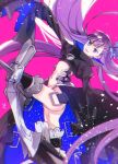  1girl ass bangs belt blue_eyes eyebrows_behind_hair fate/extra fate/grand_order fate_(series) hair_between_eyes hair_ribbon highres leg_up long_hair looking_at_viewer meltryllis_(fate) oguanf open_mouth purple_hair ribbon smile solo thighhighs very_long_hair 
