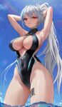  1girl absurdres armpits arms_behind_head bangs black_swimsuit blue_hair breasts chrysa_(_sa0ru) cleavage cleavage_cutout clothing_cutout covered_navel cowboy_shot hair_between_eyes highres large_breasts leg_tattoo long_hair looking_at_viewer multicolored_hair non-web_source one-piece_swimsuit partially_submerged ponytail power_symbol purple_eyes solo streaked_hair swimsuit tattoo very_long_hair water white_hair 