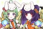  2girls ahoge animal_ears bangs blunt_bangs braid dragon_wings fake_animal_ears fire_emblem fire_emblem:_the_sacred_stones fire_emblem_awakening fire_emblem_heroes flower green_hair hair_flower hair_ornament highres looking_at_viewer misato_hao multiple_girls myrrh_(fire_emblem) nah_(fire_emblem) official_alternate_costume open_mouth pointy_ears purple_eyes purple_hair rabbit_ears red_eyes sunflower twin_braids twintails wings 