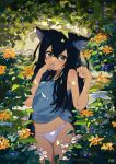  1girl absurdres animal_ear_fluff bangs bare_arms bare_shoulders black_hair blue_tank_top blush brown_eyes closed_mouth flower groin hair_between_eyes hands_up highres kgt_(pixiv12957613) long_hair looking_at_viewer no_pants original panties signature smile solo standing tank_top underwear very_long_hair white_flower white_panties yellow_flower 