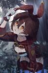  1girl amber_(genshin_impact) bangs blurry blurry_background boots breasts brown_hair brown_shorts commentary_request cropped_jacket crossed_bangs depth_of_field forest genshin_impact gloves goggles goggles_around_neck hair_between_eyes hair_ribbon high-waist_shorts highres jacket long_hair medium_breasts nakaba_(mode) nature open_mouth outdoors rain red_jacket red_legwear red_ribbon ribbon shorts shrug_(clothing) signature solo thigh_boots thigh_strap thighhighs wet wet_hair white_footwear white_gloves 