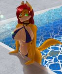  absurd_res anthro big_breasts bikini breasts callie_senta canid canine canis clothed clothing collar detailed_background digital_drawing_(artwork) digital_media_(artwork) dingo female heterochromia hi_res looking_at_viewer mammal outside side_boob smile solo summer swimming_pool swimwear water 