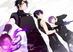  3boys black_gloves black_hair black_shirt blonde_hair fire gloves gun half_gloves highres holding holding_gun holding_weapon indie_virtual_youtuber light_purple_hair long_sleeves magic male_focus medium_hair multicolored_hair multiple_boys nijisanji nijisanji_en parted_lips patklugwlfxw3h7 pink_hair purple_eyes purple_hair shirt short_hair short_sleeves shoto_(vtuber) shu_yamino smile streaked_hair uki_violeta virtual_youtuber wavy_hair weapon 