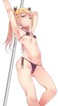  1girl armpits arms_behind_head bangs bikini black_bikini black_ribbon blonde_hair blue_eyes breasts closed_mouth dead_or_alive hair_ornament hair_ribbon highres long_hair looking_at_viewer marie_rose navel petite ribbon side-tie_bikini simple_background small_breasts solo standing suteba_(grzjkbhgf) swimsuit twintails white_background x_hair_ornament 