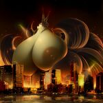  absurd_res anthro areola big_breasts breasts canid canine city drakonst female fire hi_res huge_breasts hyper hyper_breasts macro mammal nipples solo thick_thighs 