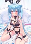  1girl animal_ears bangs bare_shoulders barefoot bed_sheet beniko_(ymdbnk) bikini black_bikini black_hairband blue_hair blush breasts chest_harness cleavage closed_mouth collarbone commentary_request double_bun fake_animal_ears frilled_pillow frills front-tie_bikini front-tie_top hair_between_eyes hair_bun hairband harness highres long_hair looking_at_viewer medium_breasts o-ring original petals pillow playboy_bunny purple_eyes rabbit_ears sitting solo swimsuit twintails very_long_hair 
