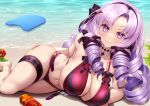  1girl absurdres argyle beach bikini bodyboard bottle breasts closed_mouth drill_hair drill_locks flower hair_ornament hair_ribbon hairband highres hyakumantenbara_salome large_breasts long_hair navel nijisanji purple_eyes purple_hair purple_hairband purple_ribbon red_bikini red_flower ribbon sand skindentation smile solo stomach strelka_belca swimsuit tea thigh_strap thighs virtual_youtuber 