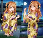  1girl ao_no_kanata_no_four_rhythm bag bagged_fish bangs black_ribbon black_sash blonde_hair brown_eyes commission fireflies fish floral_print full_moon goldfish grass hair_ornament hair_ribbon highres japanese_clothes kimono long_hair looking_at_viewer moon mountainous_horizon multiple_views night night_sky obi okobo open_mouth outdoors ribbon rynn_(darknescorez) sandals sash satouin_reiko second-party_source sky smile solo star_(sky) starry_sky two_side_up water yellow_kimono yukata 