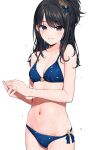  1girl bangs bare_arms bare_shoulders bikini black_hair blue_bikini blue_eyes blush breasts cleavage closed_mouth gin00 hair_ornament highres idolmaster idolmaster_shiny_colors kazano_hiori looking_at_viewer small_breasts smile solo swimsuit thighs white_background 