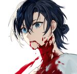  1boy ajiro_shinpei anchun_(quail0503) aqua_eyes black_hair bleeding blood blood_from_mouth blood_on_face blood_splatter cuts grey_eyes heterochromia highres injury looking_at_viewer low_ponytail male_focus medium_hair parted_lips simple_background summertime_render white_background 