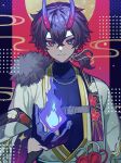  1boy absurdres black_gloves blue_fire chain_necklace demon_boy fire fireball floral_print gloves hair_between_eyes haru4aki highres horns japanese_clothes looking_at_viewer magic male_focus oni_horns original ponytail purple_hair pyrokinesis red_eyes upper_body 