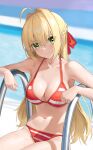  1girl absurdres ahoge armpits bangs bare_arms bare_shoulders bikini blonde_hair blurry blurry_background blush breasts cleavage collarbone day depth_of_field earrings fate/grand_order fate_(series) green_eyes hair_between_eyes hair_intakes highres jewelry large_breasts long_hair looking_at_viewer navel nero_claudius_(fate) outdoors pool_ladder red_bikini ring shenqi_xiao_hong_zai_nali sitting smile solo stomach striped striped_bikini swimsuit very_long_hair wedding_band wet 