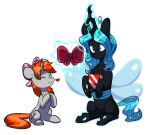  absurd_res accessory arthropod black_body blue_eyes blue_hair blue_tail changeling chub-wub cutie_mark duo equid equine fan_character female feral friendship_is_magic gift glowing glowing_horn grey_body hair hair_accessory hair_bow hair_ribbon hasbro hi_res horn insect_wings magic mammal my_little_pony orange_hair orange_tail ribbons simple_background smile surprise unicorn white_background wings 