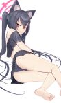  1girl absurdres animal_ear_fluff animal_ears ass barefoot bikini black_hair black_swimsuit blue_archive cat_ears closed_mouth frilled_bikini frills hair_ribbon halterneck highres long_hair looking_at_viewer lying mole mole_on_thigh on_side red_eyes ribbon ryeon_(bluetom1) serika_(blue_archive) serika_(swimsuit)_(blue_archive) simple_background solo swimsuit twintails white_background 