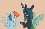  2021 absurd_res arthropod black_body blue_body blue_feathers blue_fur changeling chest_tuft chub-wub duo equid equine fangs feathered_wings feathers female fist_bump friendship_is_magic fur gesture green_eyes green_hair hair hasbro hi_res horn insect_wings larger_female mammal multicolored_hair my_little_pony pegasus pink_eyes queen_chrysalis_(mlp) rainbow_dash_(mlp) rainbow_hair size_difference smaller_female smile tuft wings 