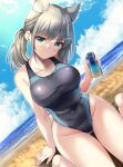  1girl bangs bare_arms bare_shoulders black_swimsuit blue_archive blue_eyes blush breasts collarbone commentary_request covered_navel grey_hair hair_ornament highres hinata_sora holding large_breasts looking_at_viewer medium_hair ocean one-piece_swimsuit outdoors parted_lips shiroko_(blue_archive) sitting solo swimsuit thighs wariza 