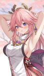  1girl armpits arms_behind_head arms_up bangs blurry blurry_background blush breasts commentary_request crossed_bangs genshin_impact hair_between_eyes hair_ornament harimoji large_breasts long_hair looking_at_viewer parted_lips pink_hair purple_eyes sideboob solo upper_body yae_miko 