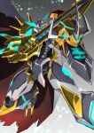  absurdres amakawa_mayu armor blue_eyes cape claws digimon digimon_(creature) glowing gradient gradient_background green_eyes grey_background grey_cape highres horns no_humans omegamon red_cape solo spikes sword torn_cape torn_clothes two-sided_cape two-sided_fabric weapon 