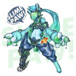  2019 3_toes 4_fingers absurd_res anthro armband belt blue_bottomwear blue_clothing blue_pants bottomwear canid canine clawed_fingers clothed clothing cybernetic_leg cybernetic_limb cybernetics cyborg dripping english_text feet fingers fur green_body green_fur green_pawpads hair hi_res jooshy long_hair machine male mammal pants pawpads protogen protogen_visor simple_background slime solo speech_bubble standing teal_hair text toes 