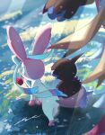  blue_eyes blurry day deino_(pokemon) flower grass highres hydreigon light_rays no_humans outdoors pokemon pokemon_(creature) red_flower signature surumeika_(ninfiiiir) sylveon symbol-only_commentary 