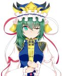  1girl balance_scale bangs blue_headwear closed_mouth epaulettes frilled_hat frills green_eyes green_hair hat highres long_sleeves one_eye_closed rod_of_remorse seo_haruto shiki_eiki simple_background solo touhou upper_body weighing_scale white_background wide_sleeves 