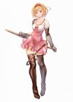  1girl absurdres blonde_hair boots breasts brown_eyes djeeta_(granblue_fantasy) dress gauntlets granblue_fantasy hairband highres looking_at_viewer pink_hairband shiroyu short_hair solo sword thigh_boots weapon 