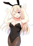  1girl ;d absurdres animal_ears arms_up bangs bare_arms bare_shoulders black_hairband black_leotard blonde_hair breasts brown_legwear cleavage collarbone commentary_request covered_navel fake_animal_ears gochuumon_wa_usagi_desu_ka? groin hair_between_eyes hairband highres jinja_eru kousaka_nobaku leotard long_hair looking_at_viewer medium_breasts one_eye_closed pantyhose playboy_bunny purple_eyes rabbit_ears simple_background smile solo strapless strapless_leotard very_long_hair white_background 