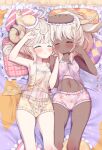  2girls :3 ahoge animal_ears arashiya arm_up armpits bed blush breasts brown_camisole brown_panties camisole closed_eyes curly_hair dark-skinned_female dark_skin face-to-face hand_on_own_head hat highres holding_hands horns lying multiple_girls navel on_back original panties pillow pink_camisole pink_panties print_camisole print_panties sheep_ears sheep_girl sheep_horns short_hair sleeping small_breasts smile thighs underwear white_hair yuri 