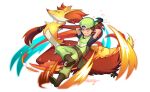  1boy arms_behind_head arms_up artist_name boots brown_hair delphox green_headwear male_focus overalls pants pokemon pokemon_(creature) pokemon_breeder_(pokemon) pouch red_eyes relaxed short_sleeves summy white_background 