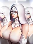  5girls absurdres badcompzero bare_shoulders blonde_hair breasts choker collarbone gradient highres hood hood_up mask mole mole_on_breast multiple_girls no_nipples nun original parted_lips red_eyes red_lips revision turtleneck upper_body white_choker white_theme 