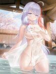  1girl ahoge blue_eyes blush breast_hold breasts cherry_blossoms commission covered_navel covering covering_breasts crosshair_pupils english_text falling_petals grey_hair groin hand_on_own_chest highres holding holding_towel large_breasts long_hair multicolored_hair naked_towel onsen original petals red_hair savarin_(fjnr7287) see-through smile solo standing thank_you towel tree two_side_up very_long_hair wading water wet 