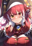  1girl bangs bicorne blush breasts cleavage gloves hair_ribbon hat heterochromia highres hololive houshou_marine large_breasts long_hair looking_at_viewer menmen_(menmen13s) off_shoulder red_eyes red_hair red_ribbon ribbon smile solo sweat tears twintails virtual_youtuber yellow_eyes 