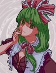  1girl bangs bow commentary corset dress frilled_bow frilled_ribbon frilled_shirt_collar frills green_eyes green_hair hand_to_own_mouth hat hat_bow hat_ribbon highres kagiyama_hina long_hair looking_at_viewer me_ri0815 puffy_short_sleeves puffy_sleeves red_bow red_corset red_dress red_ribbon ribbon ringed_eyes short_sleeves smile solo touhou upper_body 