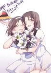  2girls absurdres bouquet brown_hair character_name dessert dress flower_request food food_request happy_birthday highres hug hug_from_behind konno_aiko konno_yuuki_(sao) looking_at_viewer multiple_girls neosight one_eye_closed siblings sisters smile sword_art_online white_background white_dress 