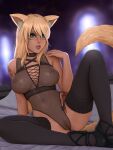  animal_ears arm_tattoo avatar_(ff14) bangs black_legwear blonde_hair blue_eyes blurry blurry_background breasts breasts_apart cat_ears cat_tail commission dark-skinned_female dark_skin facial_mark final_fantasy final_fantasy_xiv flower_tattoo high_heels large_breasts leotard lips long_hair looking_at_viewer miqo&#039;te navel ottomarr parted_lips see-through sitting spread_legs tail tattoo thighhighs whisker_markings 