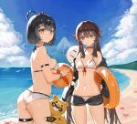  &gt;_&lt; ass beach bikini black_hair black_jacket blue_sky braid breasts brown_hair candy choker cloud cloudy_sky day food genshin_impact ghost guoba_(genshin_impact) hair_ornament hair_ribbon hairclip hand_on_hip highres hu_tao_(genshin_impact) innertube jacket lollipop long_hair long_sleeves looking_at_viewer lycsakd navel open_clothes open_fly open_jacket outdoors red_choker red_eyes ribbon sand scenery short_hair short_shorts shorts sky small_breasts standing starfish string_bikini swimsuit thigh_strap thighs twin_braids twintails underboob white_bikini xiangling_(genshin_impact) yellow_eyes 