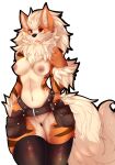  1girl absurdres animal_ears animal_nose arcanine arm_at_side artist_name ass_visible_through_thighs belt black_legwear black_outline blonde_hair body_fur breasts breathing_fire brown_fur commentary cowboy_shot dog_ears dog_girl dog_tail english_commentary fire flaming_eyes fluffy fur_collar furry furry_female hand_up highres long_hair medium_breasts multicolored_fur navel nipples nude open_mouth orange_eyes orange_fur outline personification pokemon pokemon_(creature) pouch pussy skindentation snout solo standing stomach tail teeth teranen thick_thighs thighhighs thighs tongue transparent_background uncensored watermark wide_hips yellow_fur 