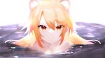  animal_ears backlighting blonde_hair blurry caustics collarbone commentary_request expressionless extra_ears eyes_visible_through_hair facing_viewer hair_over_eyes highres kanelashi lion_ears lion_girl long_hair looking_at_viewer nude orange_eyes partially_submerged shinonome_ito wactor_production water white_background 