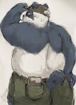  2022 absurd_res anthro aotadobukitch belly big_belly black_body black_nose blush bodily_fluids bottomwear butt clothing giant_panda hat headgear headwear hi_res kemono male mammal overweight overweight_male shorts simple_background solo sweat ursid white_body 